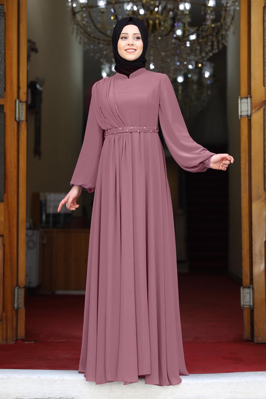 Tesettür giyim MOR DRAPE DETAYLI ABİYE ELBİSE T 0053