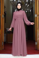 Tesettür giyim MOR DRAPE DETAYLI ABİYE ELBİSE T 0053