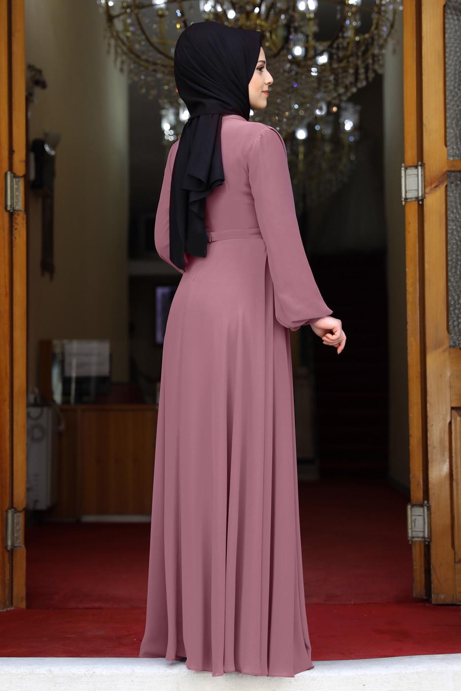 Tesettür giyim MOR DRAPE DETAYLI ABİYE ELBİSE T 0053