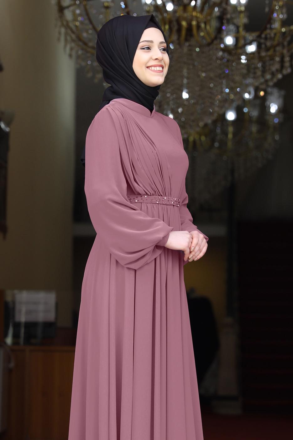 Tesettür giyim MOR DRAPE DETAYLI ABİYE ELBİSE T 0053