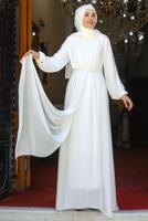 Tesettür giyim EKRU DRAPE DETAYLI ABİYE ELBİSE T 0053