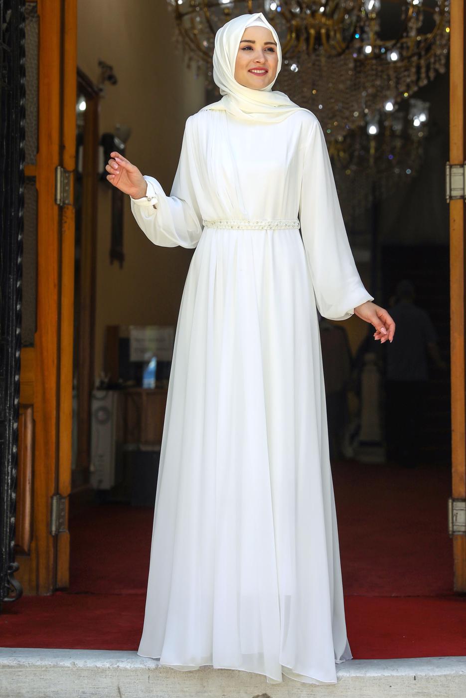 Tesettür giyim EKRU DRAPE DETAYLI ABİYE ELBİSE T 0053