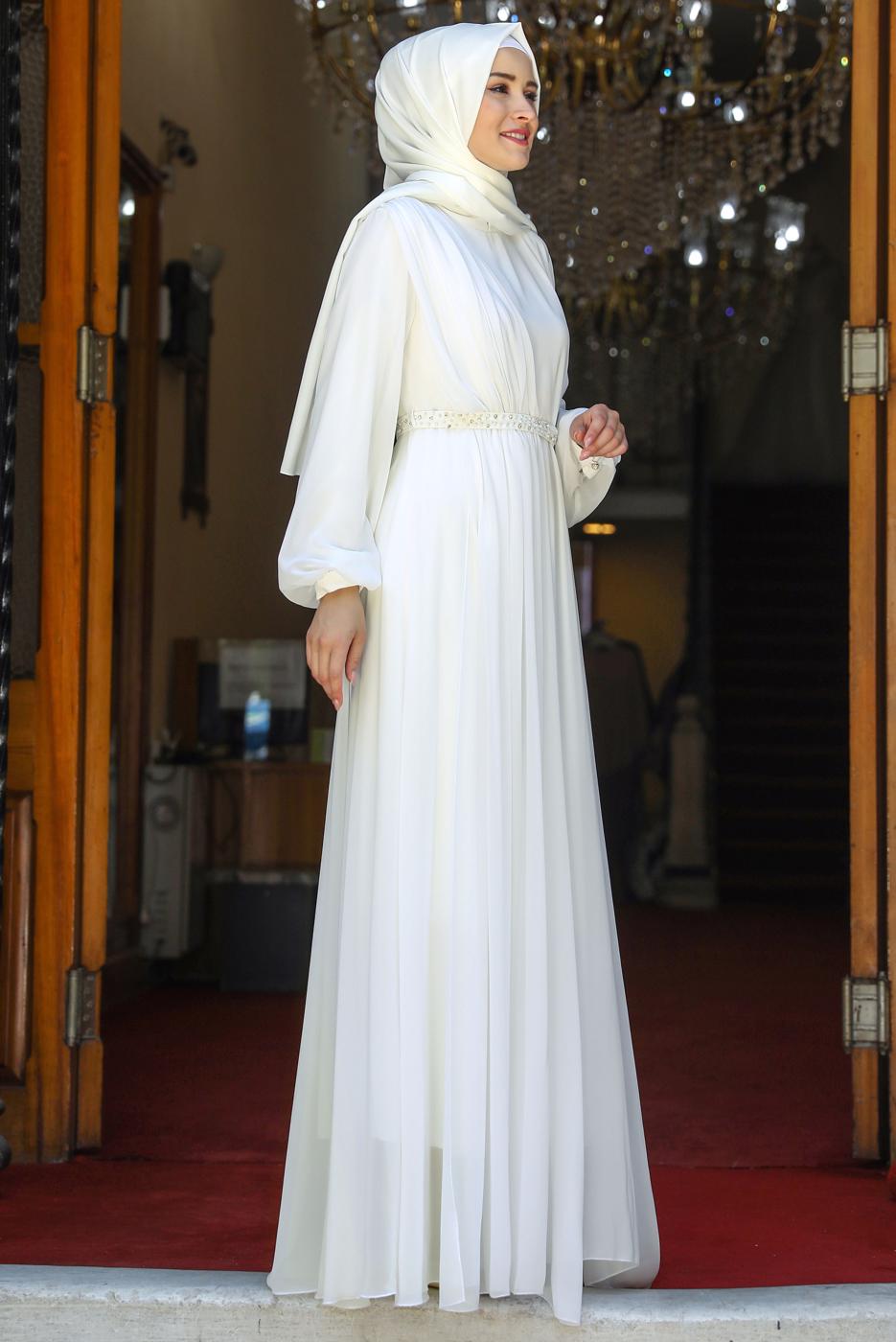 Tesettür giyim EKRU DRAPE DETAYLI ABİYE ELBİSE T 0053