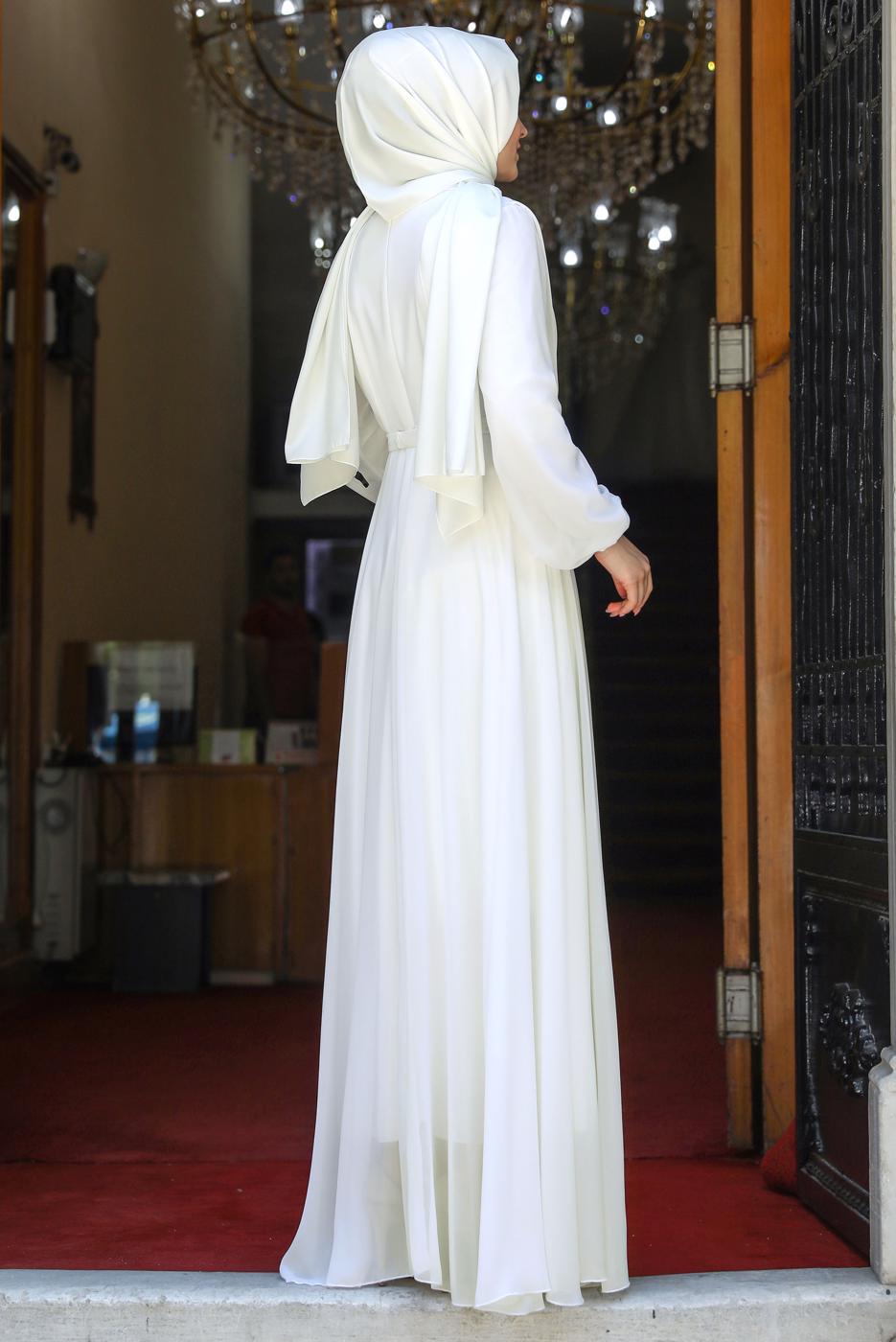 Tesettür giyim EKRU DRAPE DETAYLI ABİYE ELBİSE T 0053