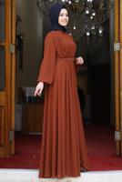 Tesettür giyim KAHVE DRAPE DETAYLI ABİYE ELBİSE T 0053