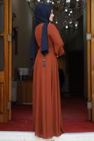 Tesettür giyim KAHVE DRAPE DETAYLI ABİYE ELBİSE T 0053