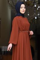 Tesettür giyim KAHVE DRAPE DETAYLI ABİYE ELBİSE T 0053