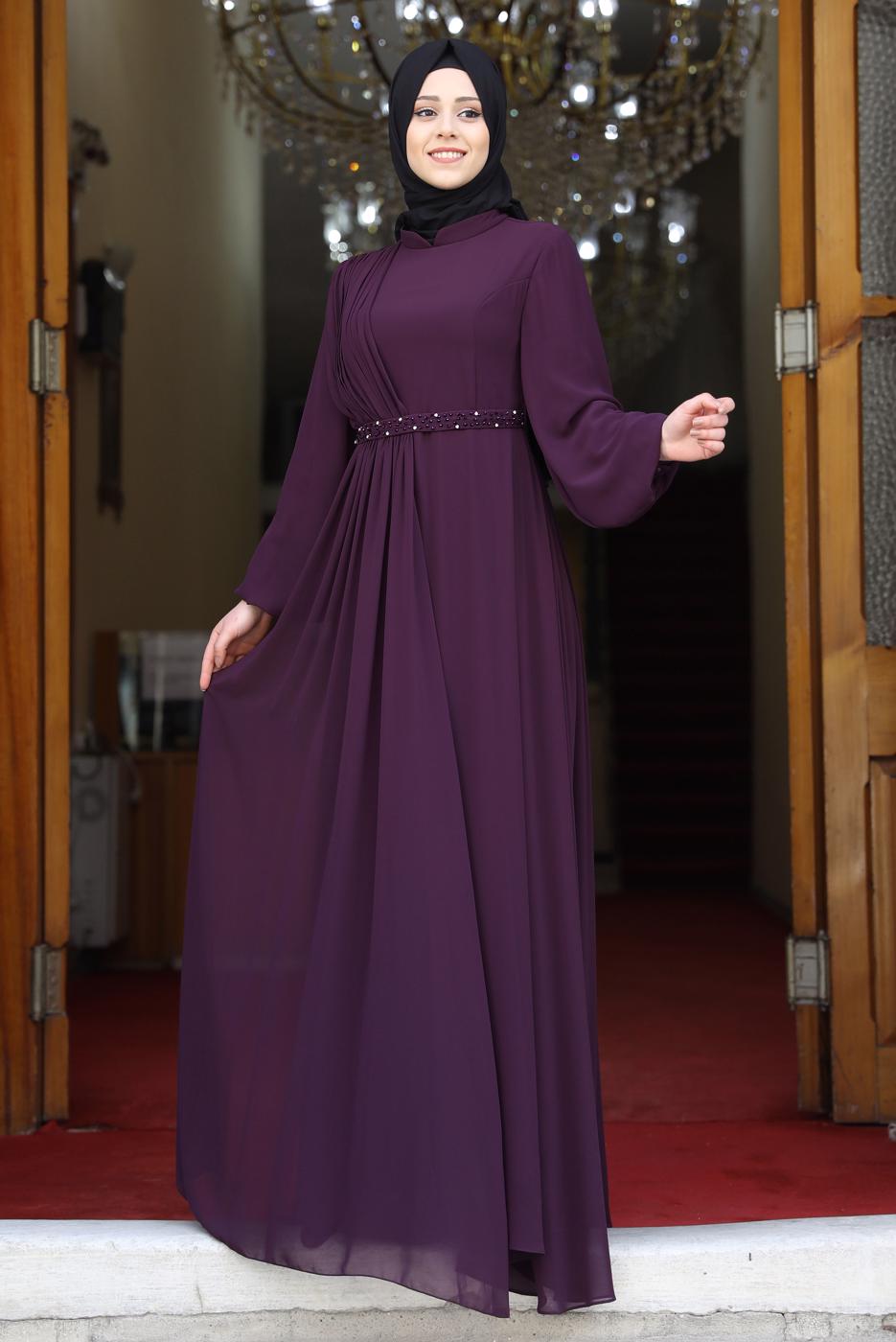Tesettür giyim MÜRDÜM DRAPE DETAYLI ABİYE ELBİSE T 0053