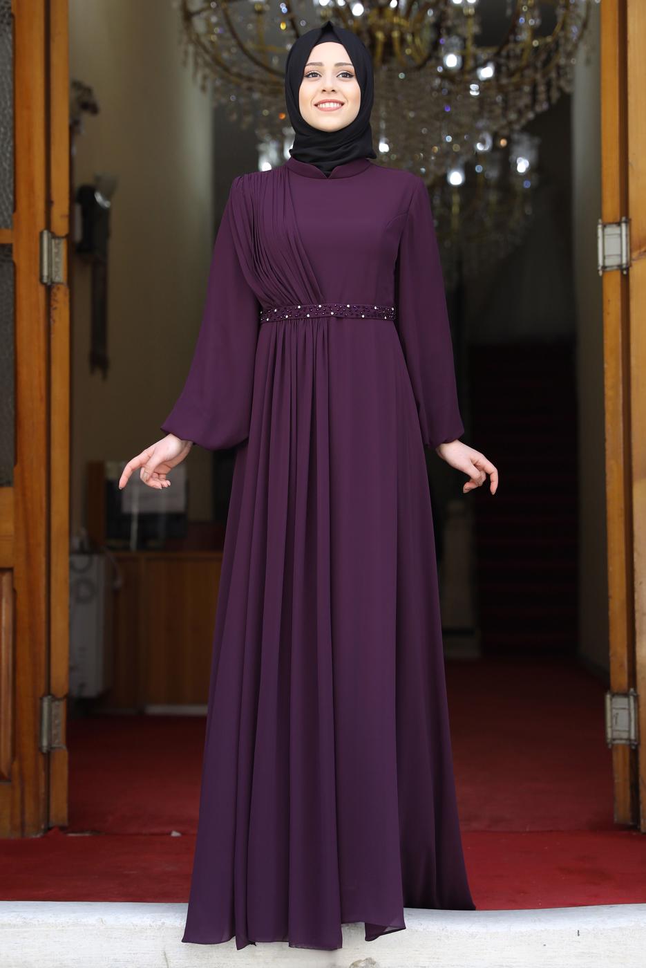 Tesettür giyim MÜRDÜM DRAPE DETAYLI ABİYE ELBİSE T 0053