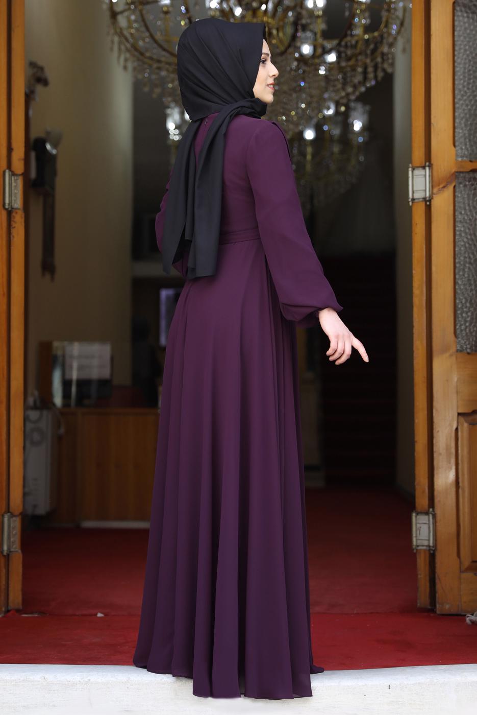 Tesettür giyim MÜRDÜM DRAPE DETAYLI ABİYE ELBİSE T 0053