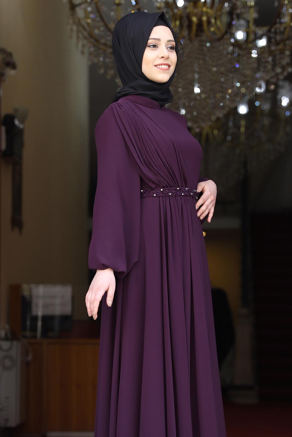 Tesettür giyim MÜRDÜM DRAPE DETAYLI ABİYE ELBİSE T 0053