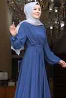 Hijab clothing NAVY BLUE DRAPE DETAIL EVENING DRESS T 0053