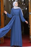 Hijab clothing NAVY BLUE DRAPE DETAIL EVENING DRESS T 0053
