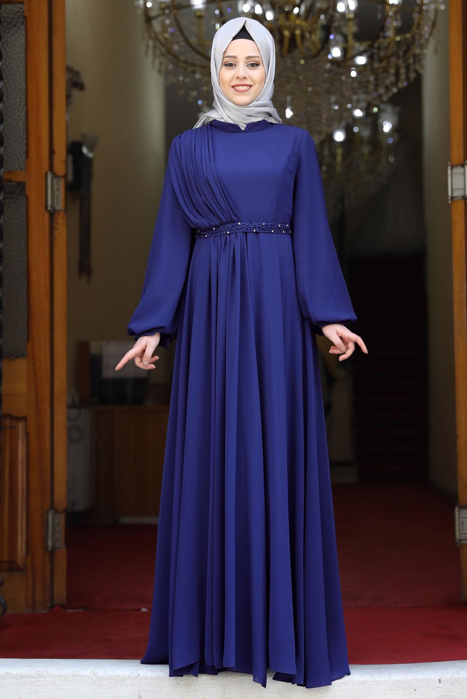 Tesettür giyim LACİVERT DRAPE DETAYLI ABİYE ELBİSE T 0053