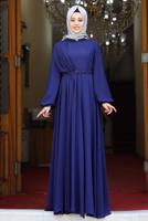 Tesettür giyim LACİVERT DRAPE DETAYLI ABİYE ELBİSE T 0053