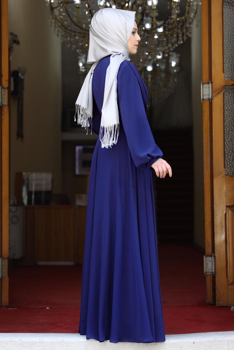 Tesettür giyim LACİVERT DRAPE DETAYLI ABİYE ELBİSE T 0053