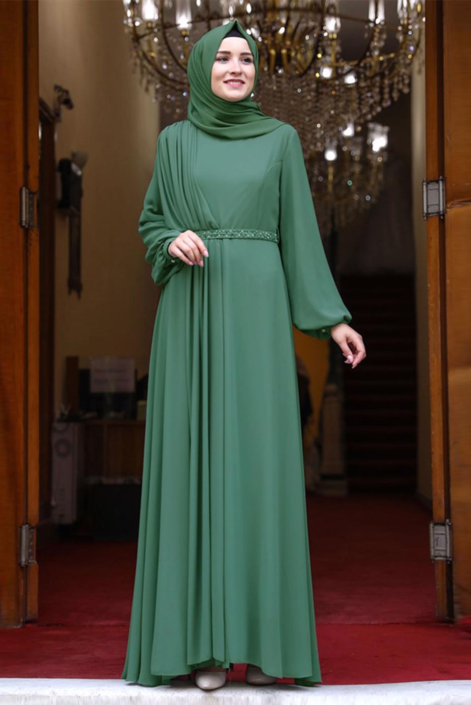 Tesettür giyim YEŞİL DRAPE DETAYLI ABİYE ELBİSE T 0053