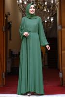 Tesettür giyim YEŞİL DRAPE DETAYLI ABİYE ELBİSE T 0053