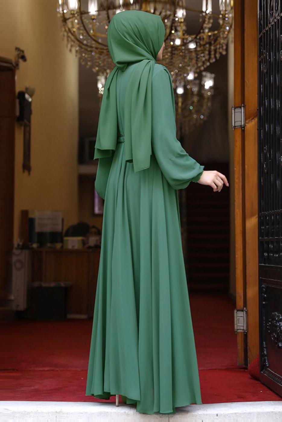 Tesettür giyim YEŞİL DRAPE DETAYLI ABİYE ELBİSE T 0053