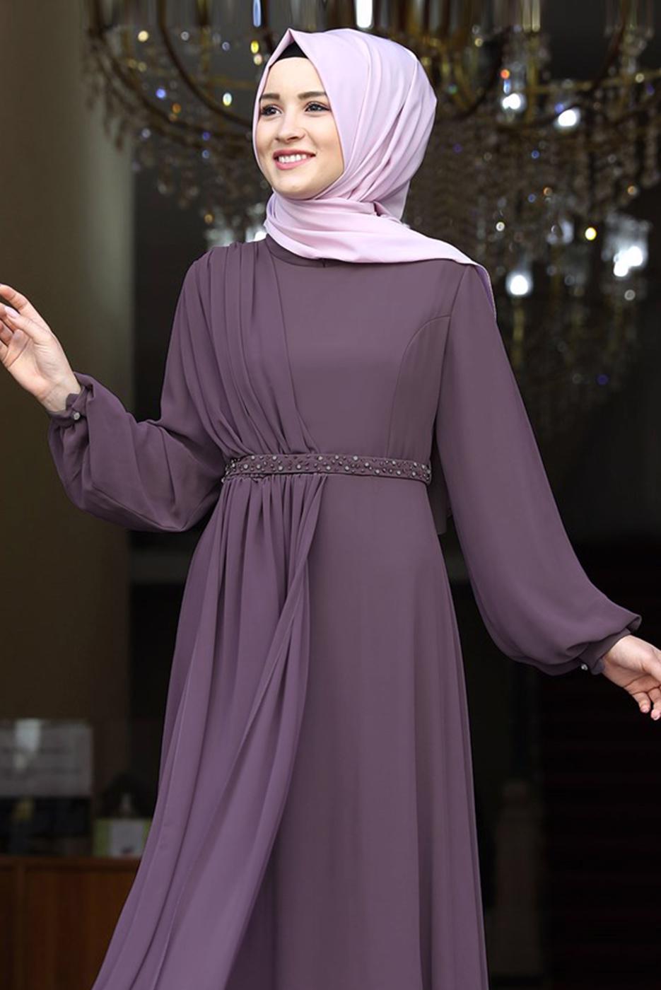 Tesettür giyim PEMBE DRAPE DETAYLI ABİYE ELBİSE T 0053