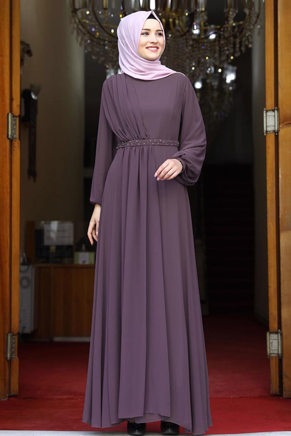 Tesettür giyim PEMBE DRAPE DETAYLI ABİYE ELBİSE T 0053