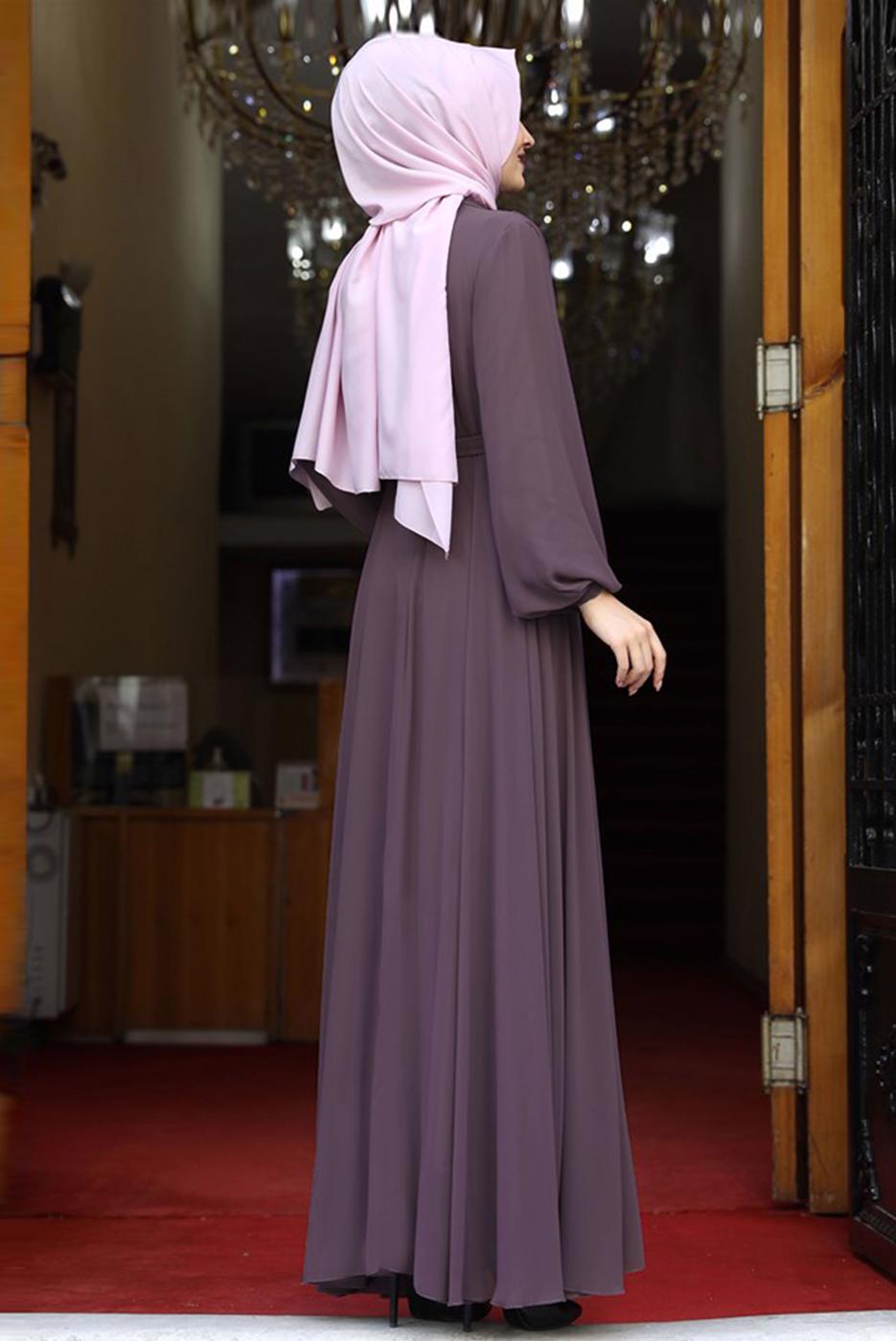 Tesettür giyim PEMBE DRAPE DETAYLI ABİYE ELBİSE T 0053