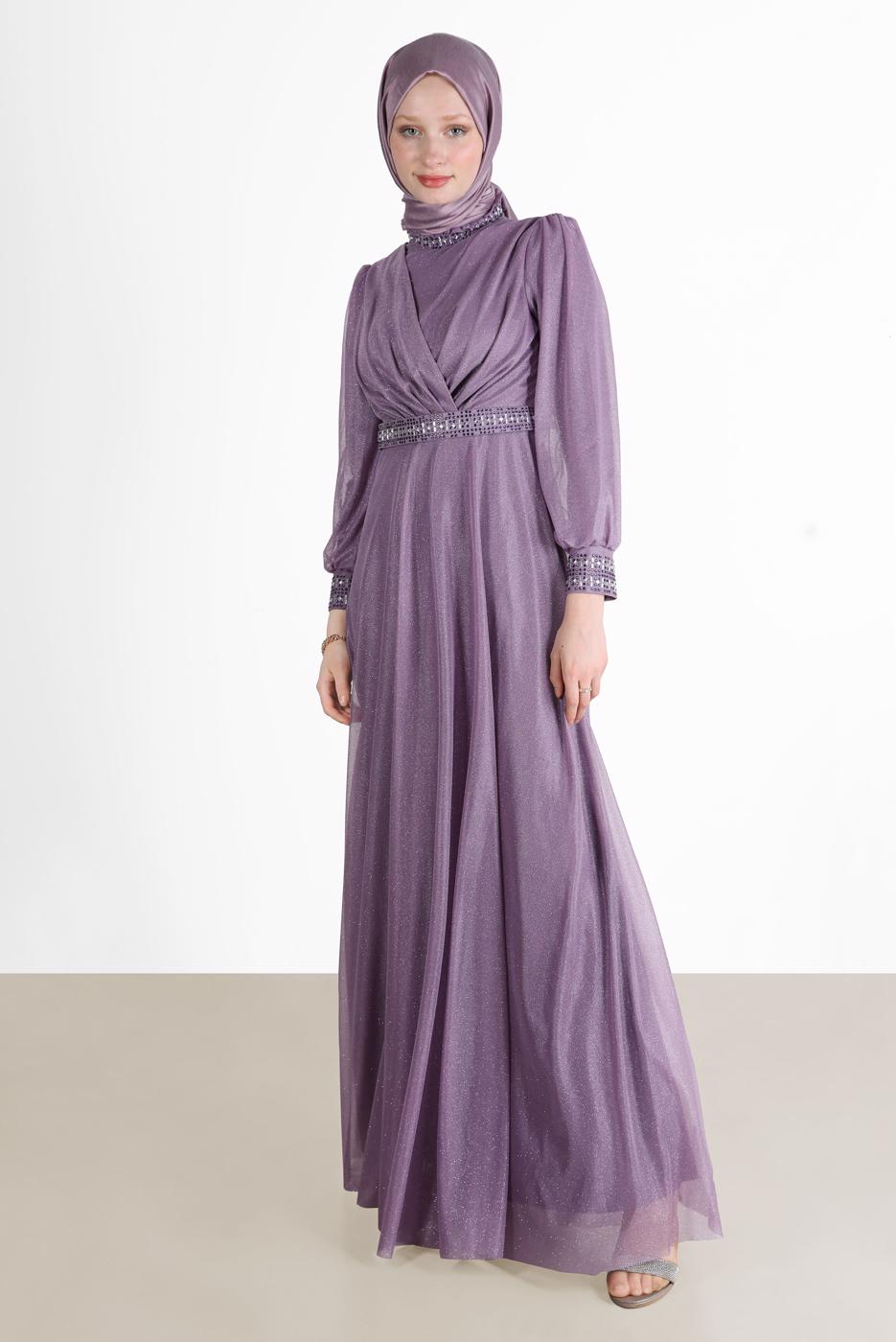 Vêtements hijab POURPRE ROBE DE SOIRÉE ARGENTÉE DÉTAIL GEM 0353