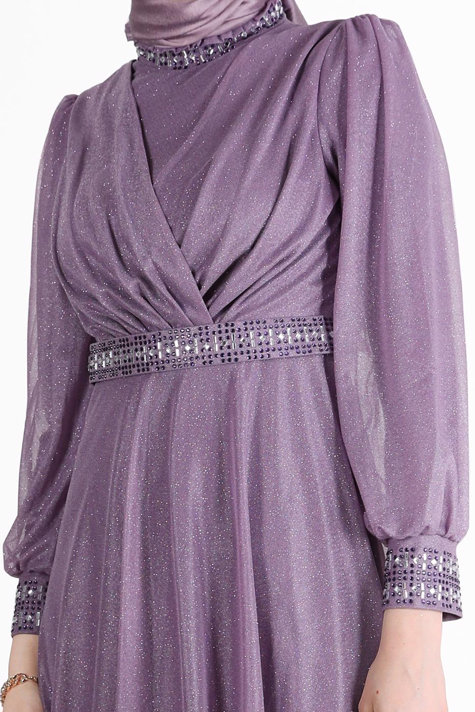 Vêtements hijab POURPRE ROBE DE SOIRÉE ARGENTÉE DÉTAIL GEM 0353