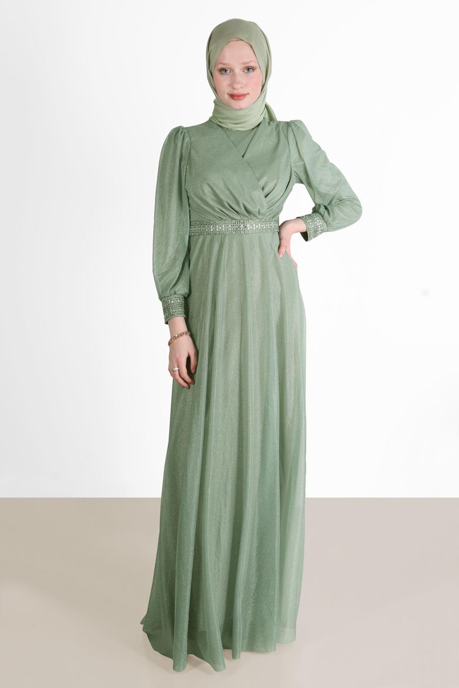 Vêtements hijab VERT ROBE DE SOIRÉE ARGENTÉE DÉTAIL GEM 0353