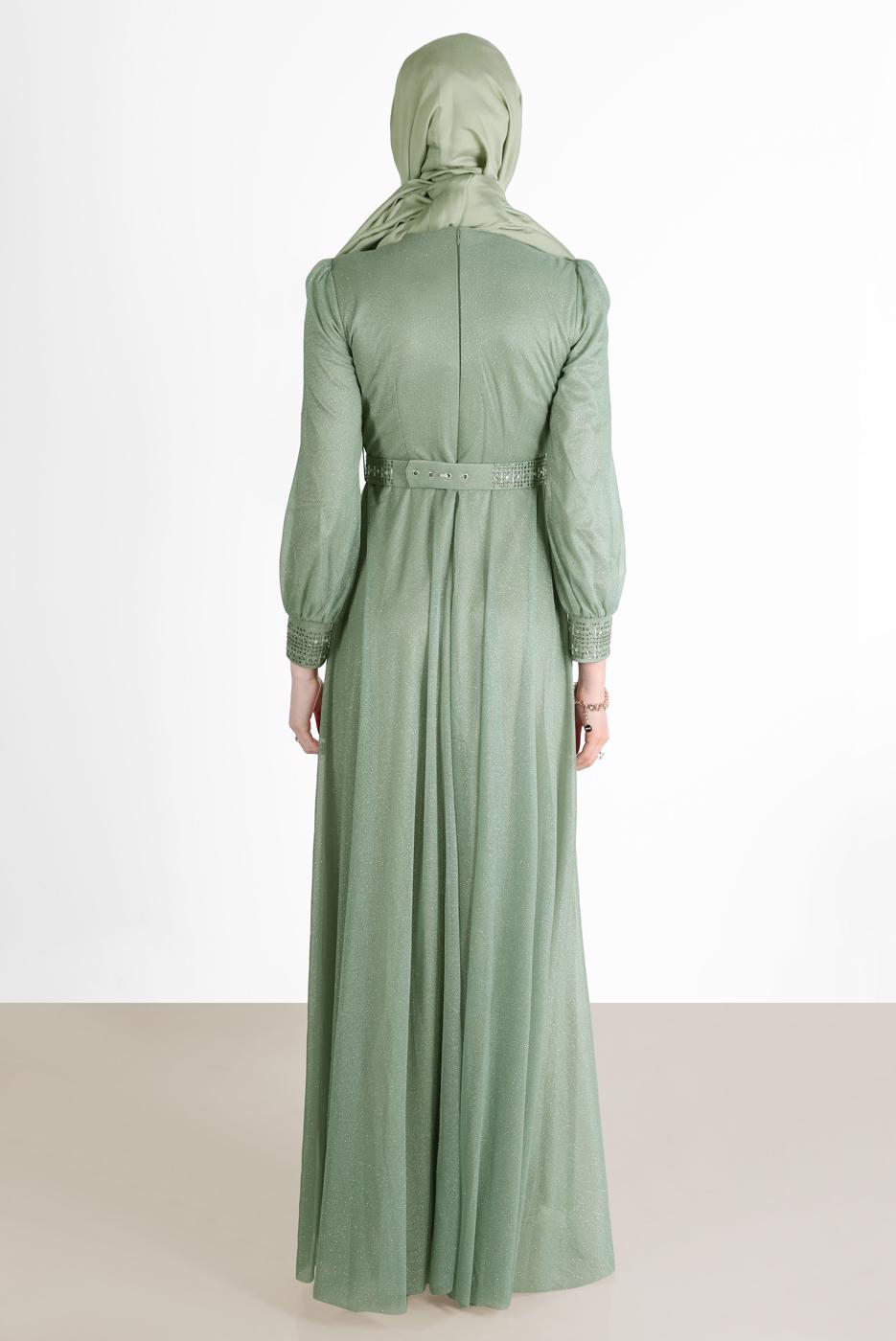 Vêtements hijab VERT ROBE DE SOIRÉE ARGENTÉE DÉTAIL GEM 0353