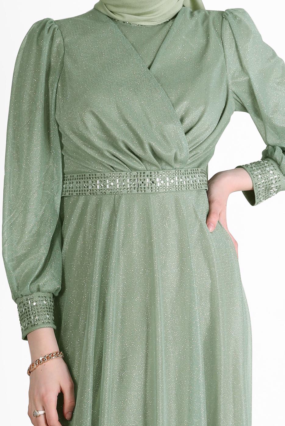 Vêtements hijab VERT ROBE DE SOIRÉE ARGENTÉE DÉTAIL GEM 0353