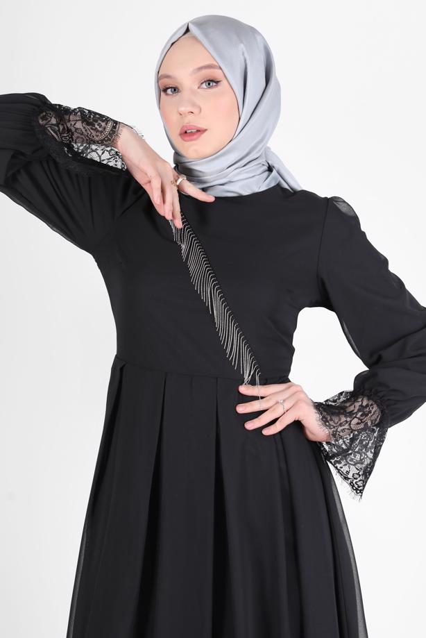 Vêtements hijab  EVENING DRESS WITH GUIPURED HEM AND CUFFS 10049  - TRENDTESETTÜR