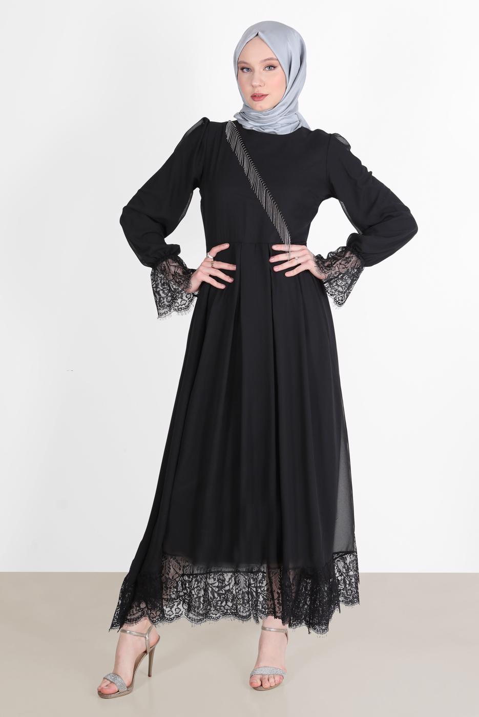 Vêtements hijab NOIR ROBE DE SOIRÉE BAS ET POIGNETS GUIPURÉS 10049