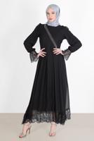 Vêtements hijab NOIR ROBE DE SOIRÉE BAS ET POIGNETS GUIPURÉS 10049