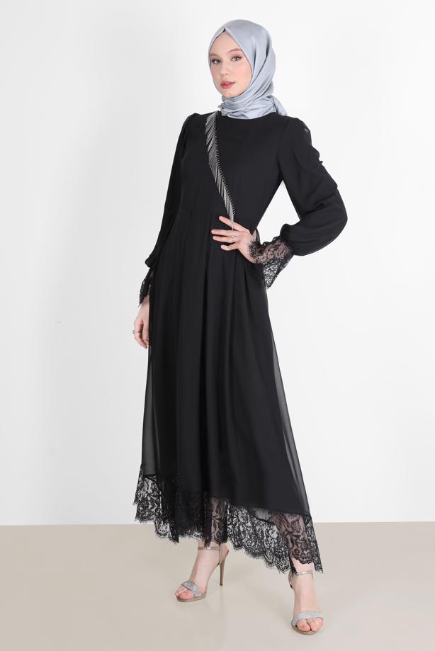 Vêtements hijab  EVENING DRESS WITH GUIPURED HEM AND CUFFS 10049  - TRENDTESETTÜR