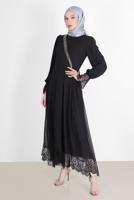 Vêtements hijab NOIR ROBE DE SOIRÉE BAS ET POIGNETS GUIPURÉS 10049