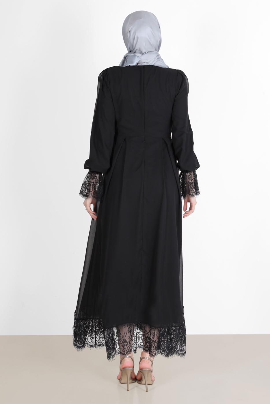 Vêtements hijab NOIR ROBE DE SOIRÉE BAS ET POIGNETS GUIPURÉS 10049