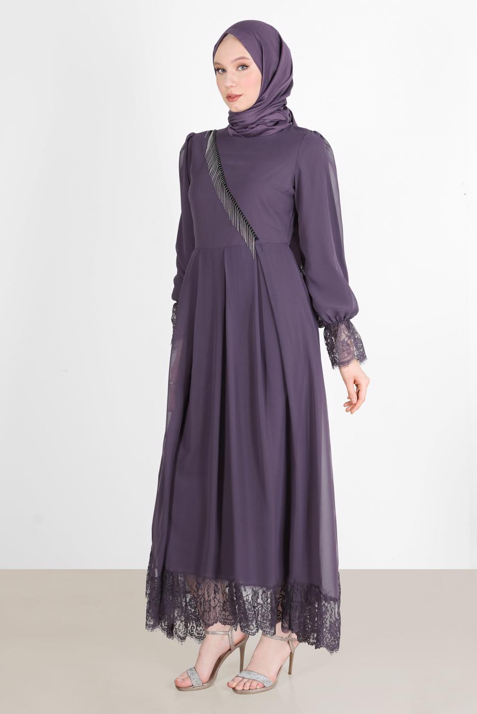 Vêtements hijab POURPRE ROBE DE SOIRÉE BAS ET POIGNETS GUIPURÉS 10049