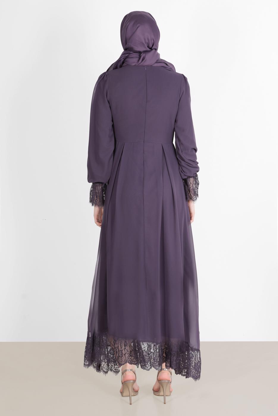 Vêtements hijab POURPRE ROBE DE SOIRÉE BAS ET POIGNETS GUIPURÉS 10049