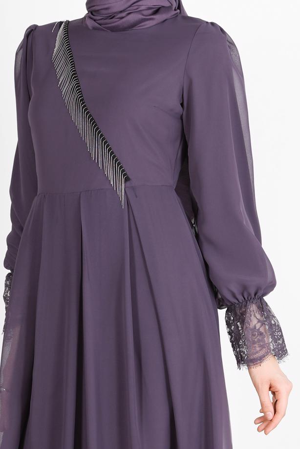 Tesettür giyim  MANŞETLERİ VE ETEK UCU GÜPÜR DETAYLI ABİYE ELBİSE 10049  - TRENDTESETTÜR