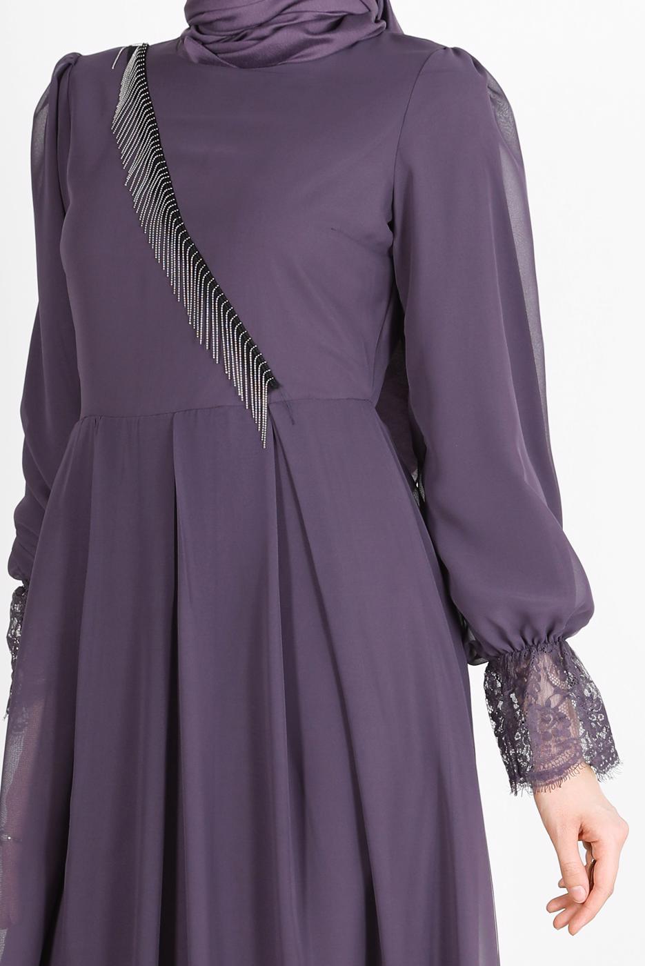 Vêtements hijab POURPRE ROBE DE SOIRÉE BAS ET POIGNETS GUIPURÉS 10049