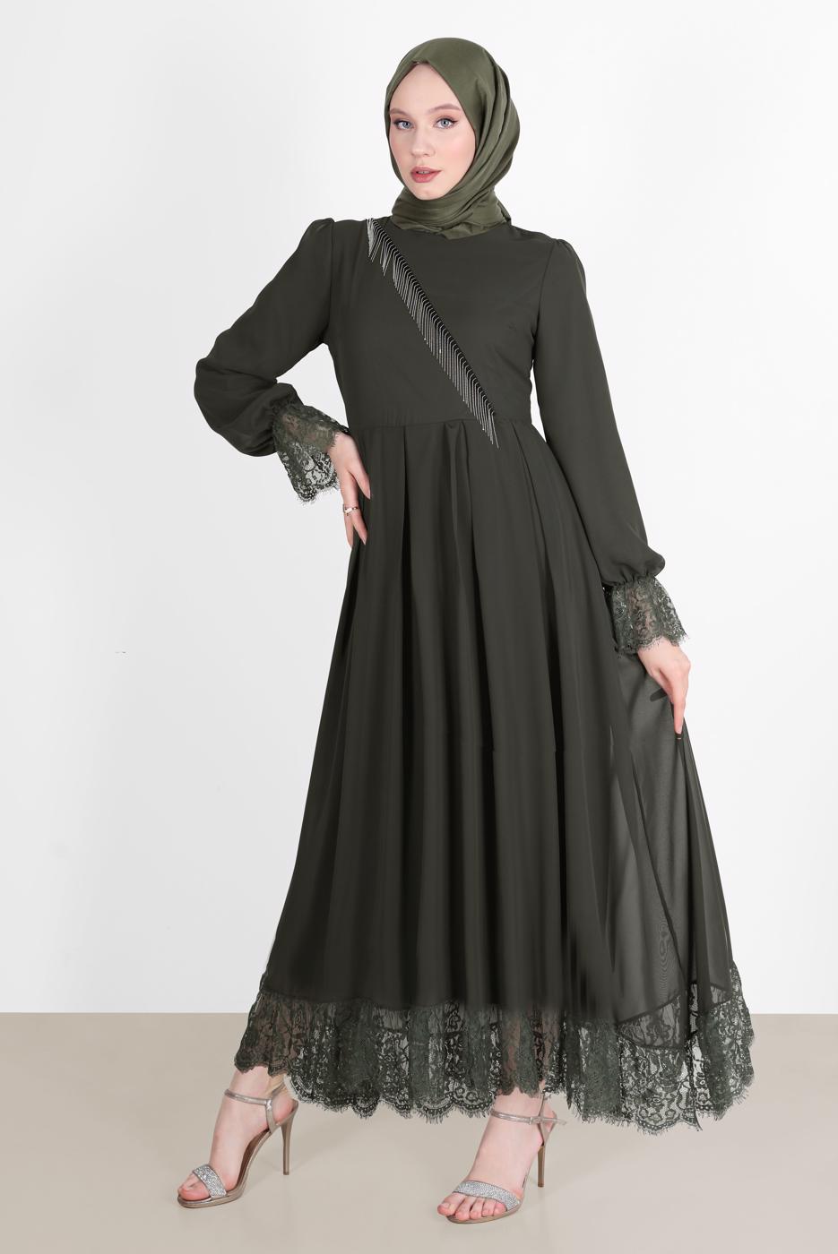 Hijab clothing KHAKI EVENING DRESS WITH GUIPURED HEM AND CUFFS 10049 