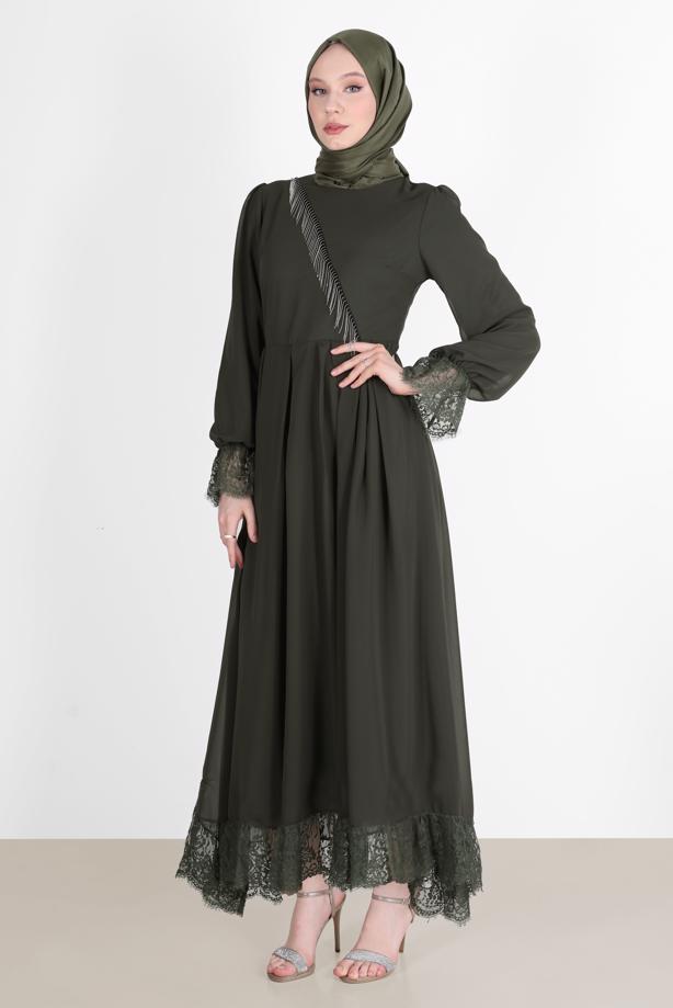 Hijab clothing  EVENING DRESS WITH GUIPURED HEM AND CUFFS 10049  - TRENDTESETTÜR
