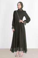 Hijab clothing KHAKI EVENING DRESS WITH GUIPURED HEM AND CUFFS 10049 
