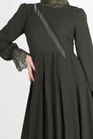 Hijab clothing KHAKI EVENING DRESS WITH GUIPURED HEM AND CUFFS 10049 