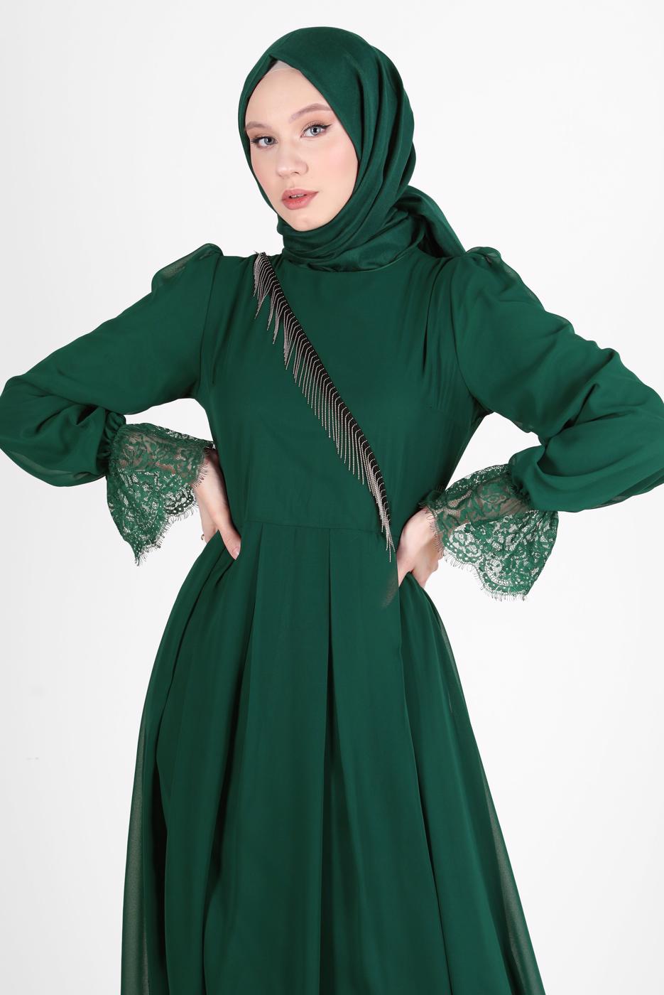 Hijab clothing GREEN EVENING DRESS WITH GUIPURED HEM AND CUFFS 10049 