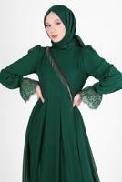 Hijab clothing GREEN EVENING DRESS WITH GUIPURED HEM AND CUFFS 10049 