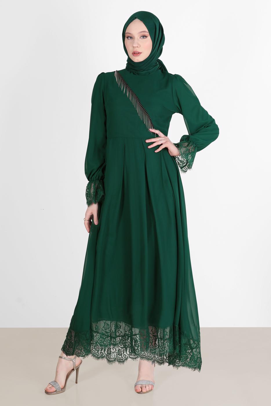 Hijab clothing GREEN EVENING DRESS WITH GUIPURED HEM AND CUFFS 10049 