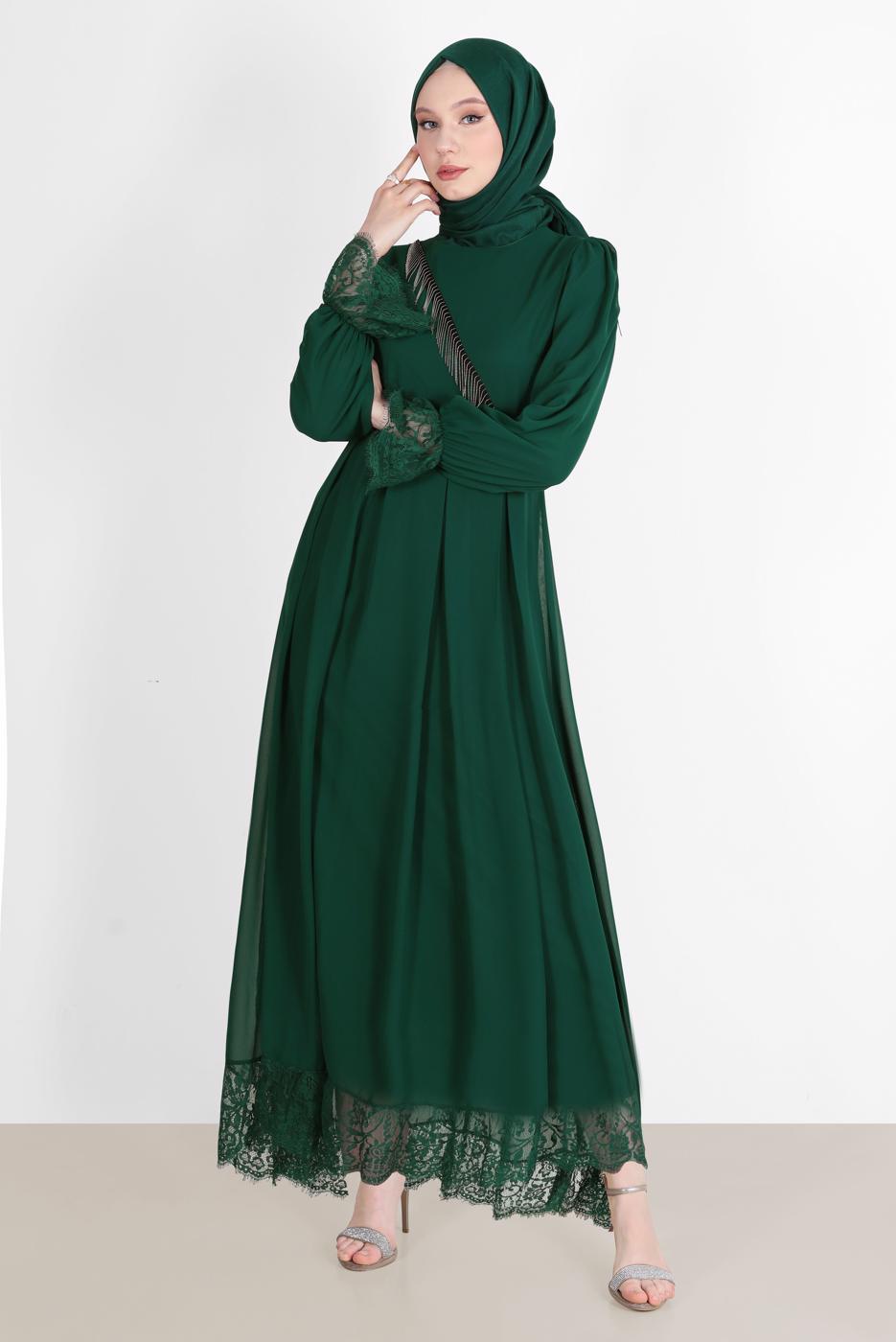 Hijab clothing GREEN EVENING DRESS WITH GUIPURED HEM AND CUFFS 10049 