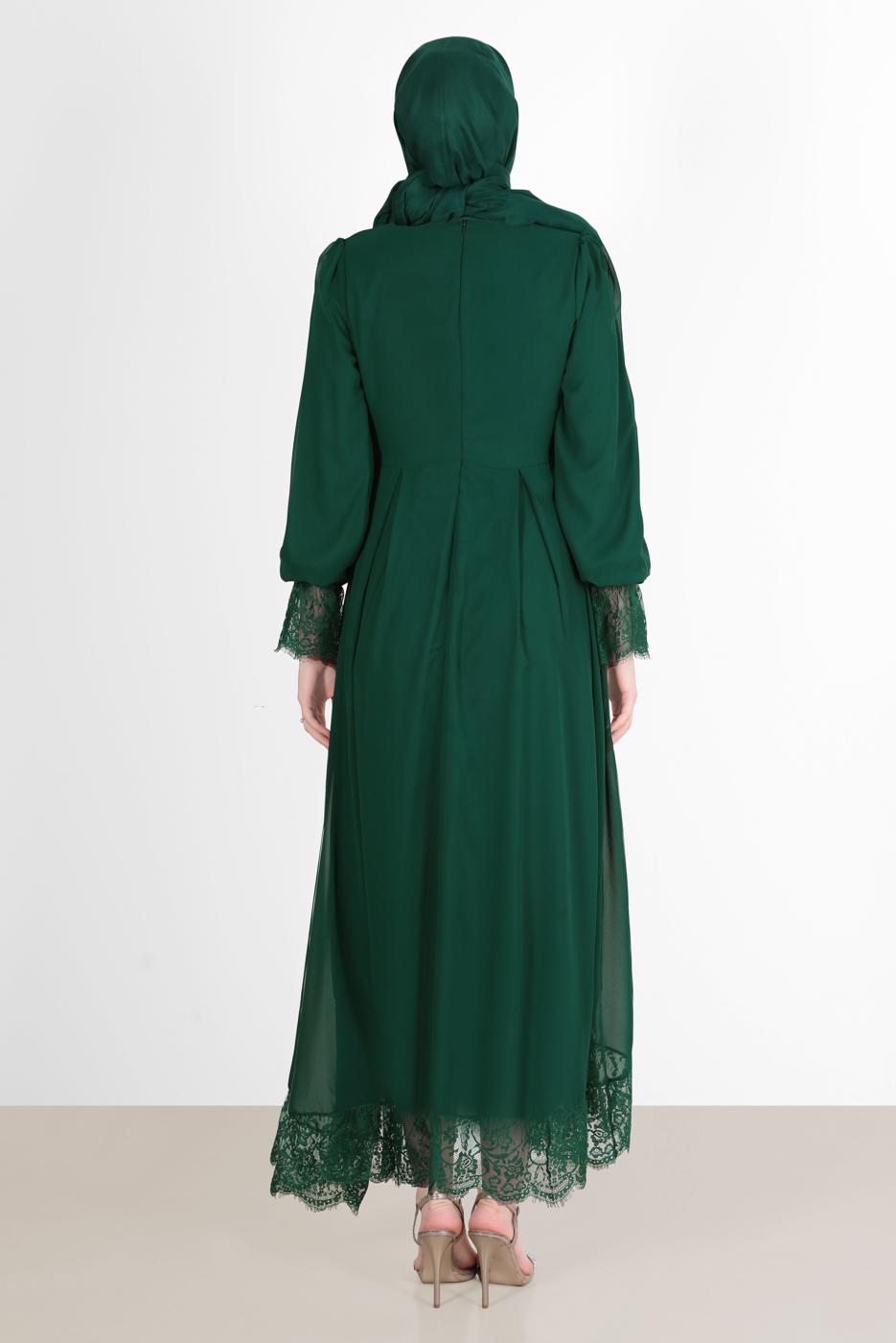 Hijab clothing GREEN EVENING DRESS WITH GUIPURED HEM AND CUFFS 10049 